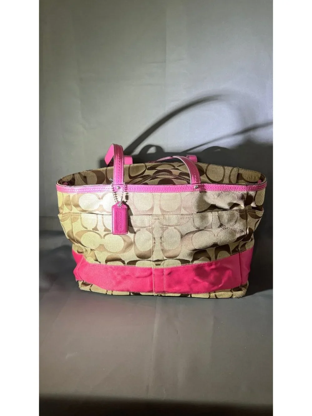 Coach Signature Stripe Diaper/Tote Bag With Pink Trim - Stylish & Functional Bro